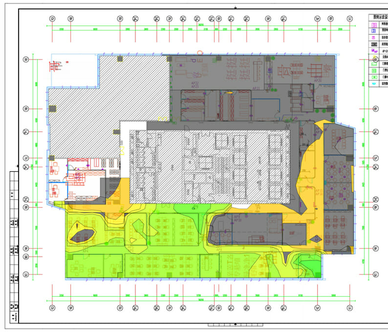 Architectural floor plan with outlined building sections, color-coded zones for Wi-Fi analysis, measurement grids, and legends on the right and bottom edges.