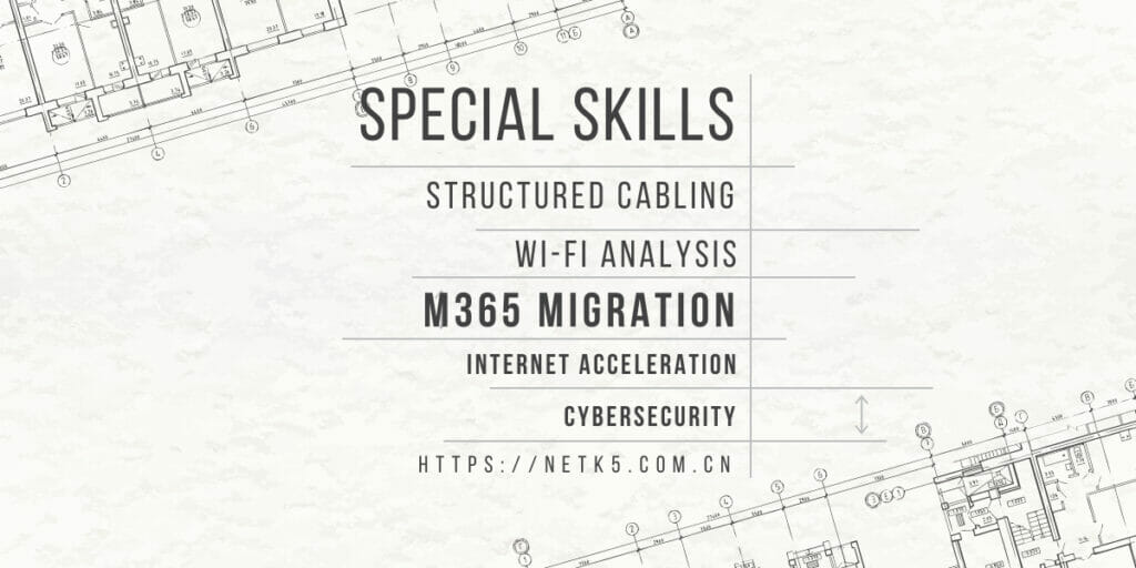 Text listing IT special skills such as structured cabling, Wi-Fi analysis, M365 migration, internet acceleration, and cybersecurity, with a website URL and architectural blueprint background.