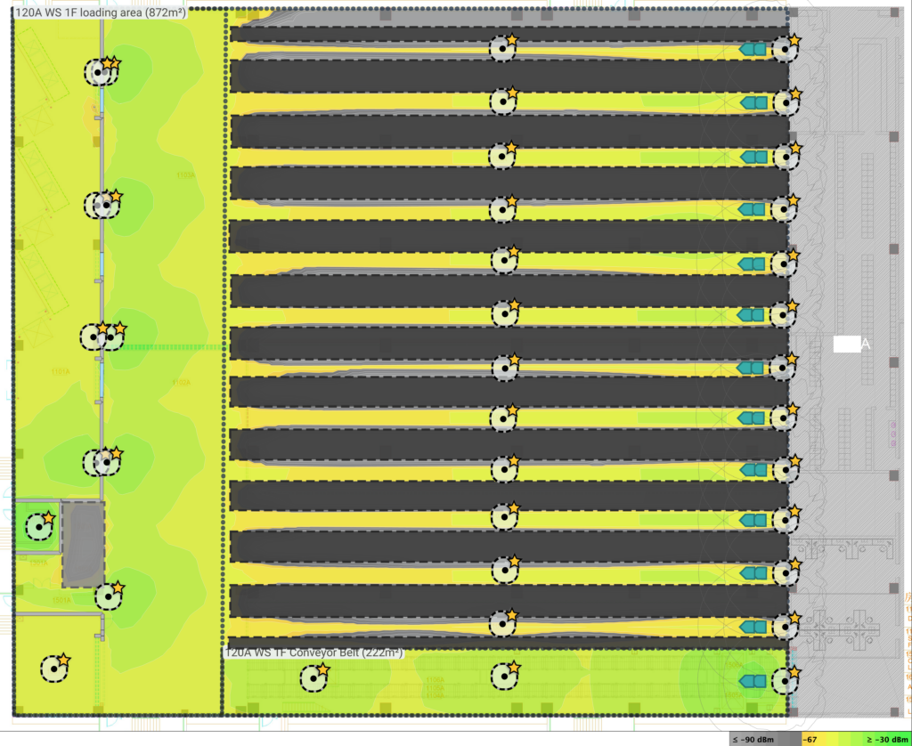 A top-down site plan showing organized rows of parking spaces with surrounding green areas and scattered circular tree icons. Labels indicate loading and courtyard areas.