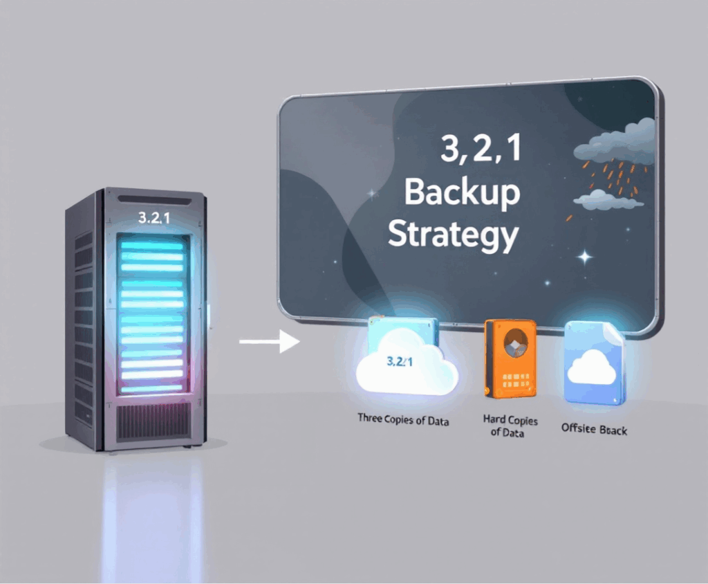 A server represents the 3-2-1 backup strategy: three data copies, two on different media, and one stored offsite.