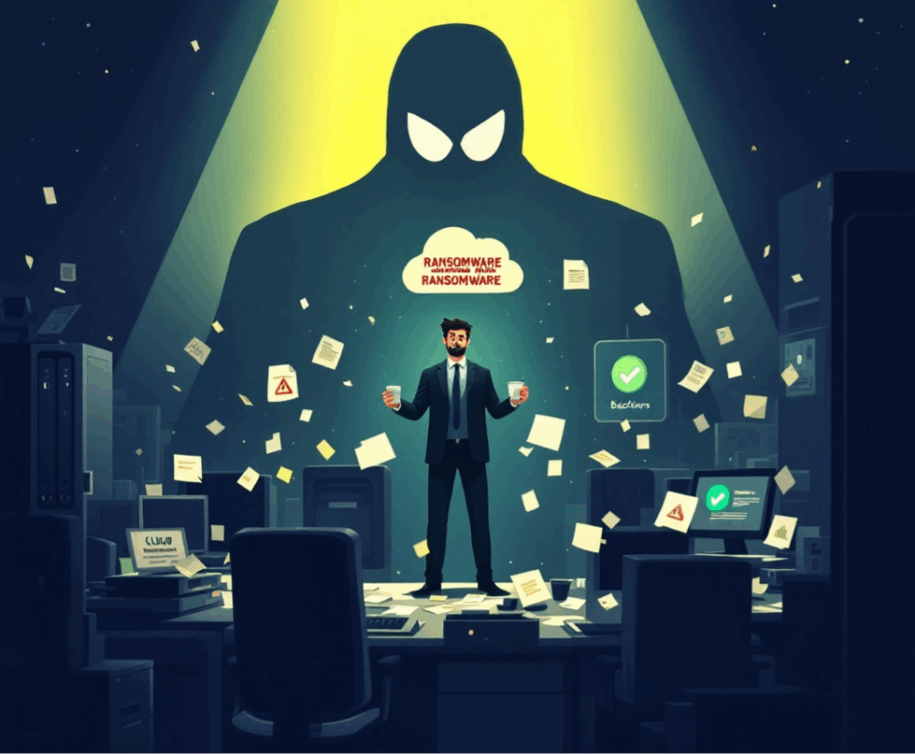 A man stands in a cluttered office as papers fly and a shadowy figure looms behind him, with screens showing warnings and the word "RANSOMWARE" highlighted.