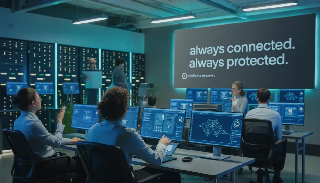 People work at computer stations in a modern control room with screens displaying network data; a large sign reads "always connected. always protected.