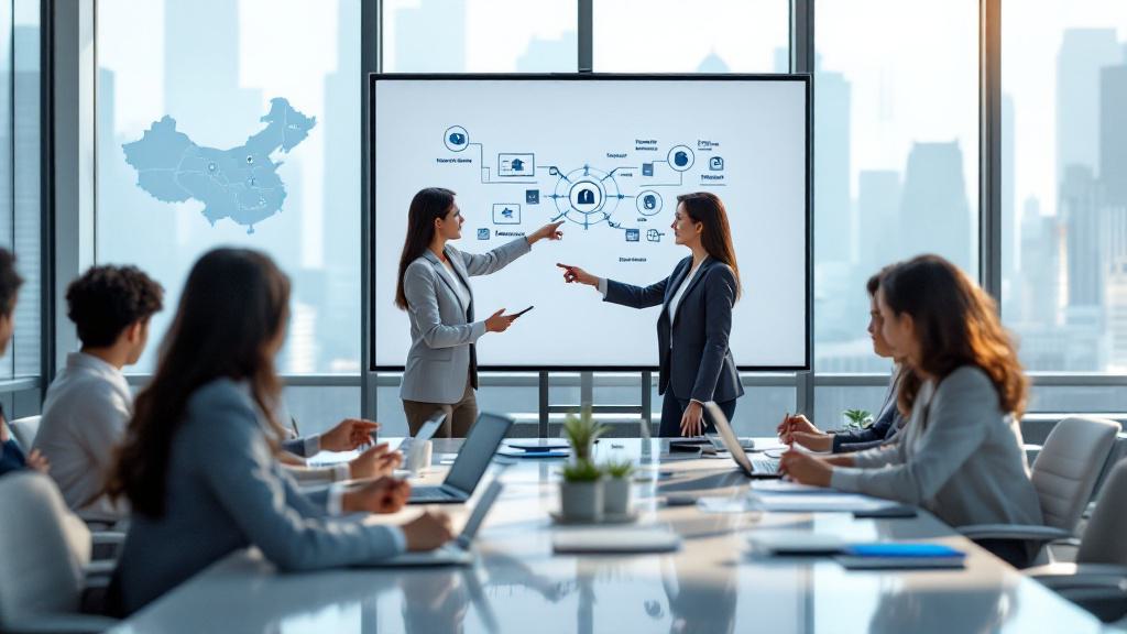 Two women in business attire present data on a large screen to colleagues in a modern conference room, with a map and flowchart visible in the background.