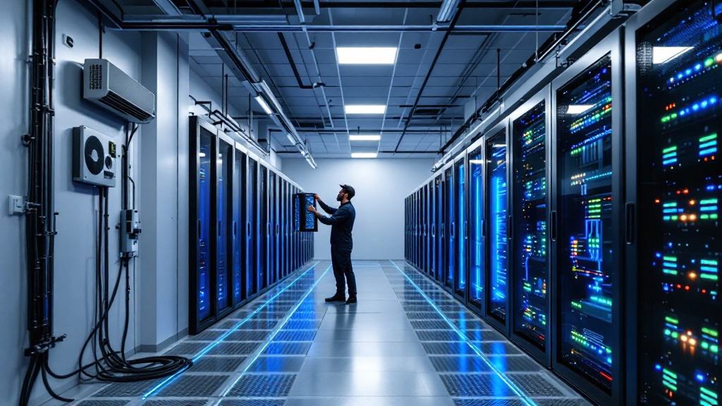 A person standing in a brightly lit server room, working on a touchscreen panel between two rows of illuminated server racks.