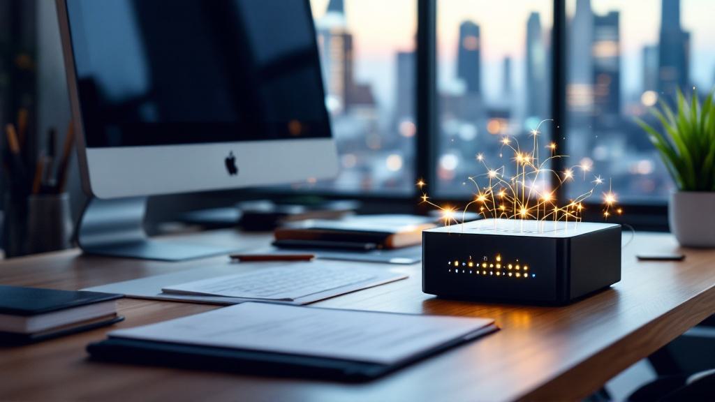 A modern office desk with a computer, papers, and a small device emitting digital spark-like lights, with a cityscape visible through the window in the background.