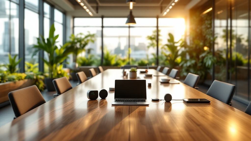 A modern conference room with a long wooden table, laptops, and smart speakers, surrounded by large windows and green plants in natural sunlight.