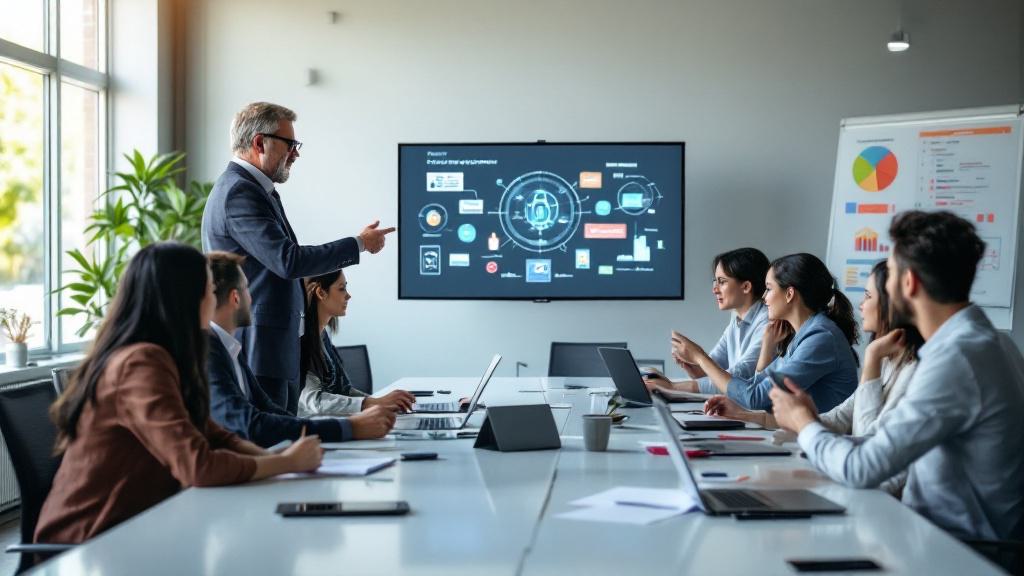 A group of people in a conference room listen to a presenter standing by a screen displaying business data and diagrams.