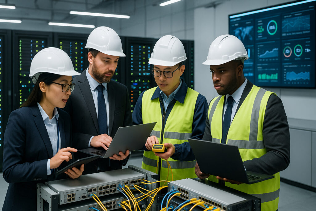 Four engineers in hard hats and safety vests work on laptops and inspect server equipment in a data center with monitors displaying data in the background.