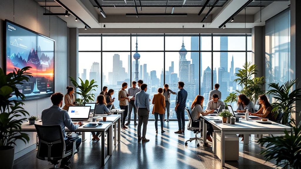 Modern office with people working at desks and standing in groups near large windows, with a city skyline visible outside. Computer monitors and plants are present throughout the space.