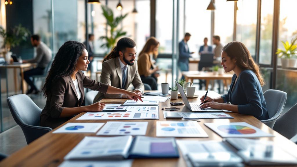 Three people sit at a table in a bright office, reviewing charts and graphs on paper while working on a laptop. Other people work in the background.