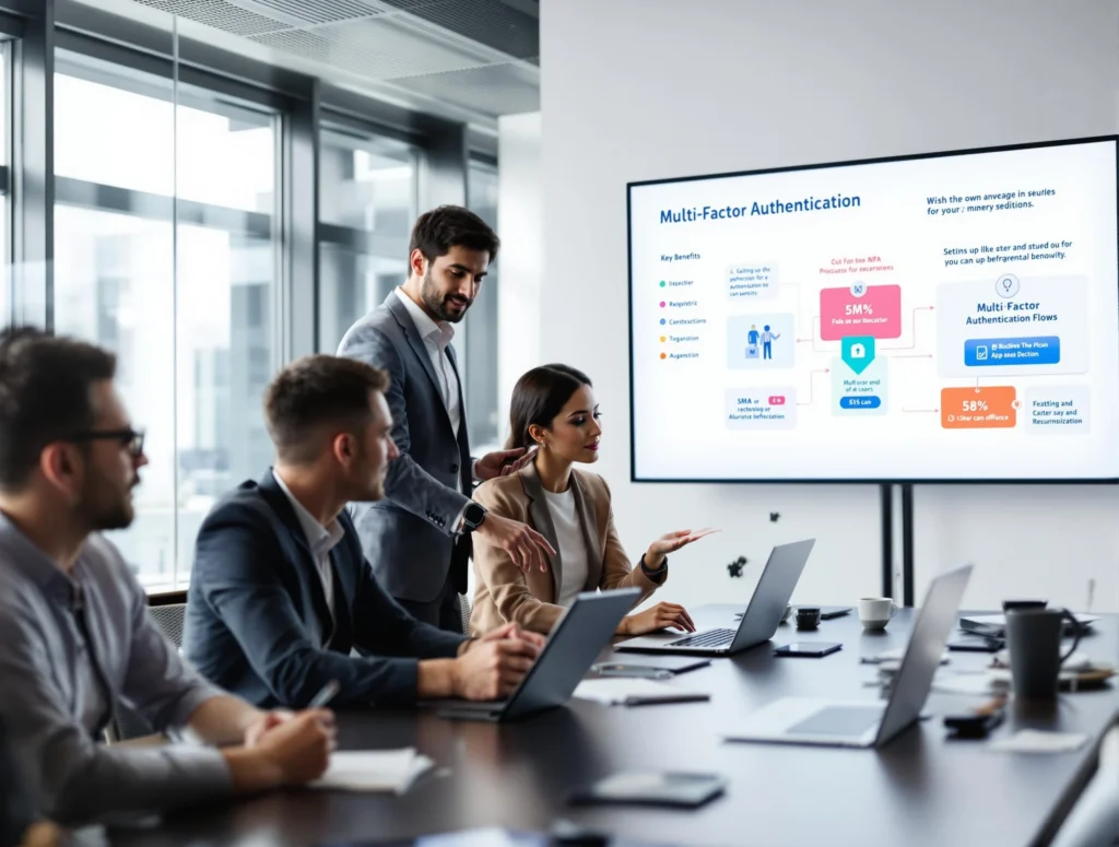 Four professionals in a meeting room discuss multi-factor authentication, with a presentation displayed on a large screen showing related information and flowcharts.