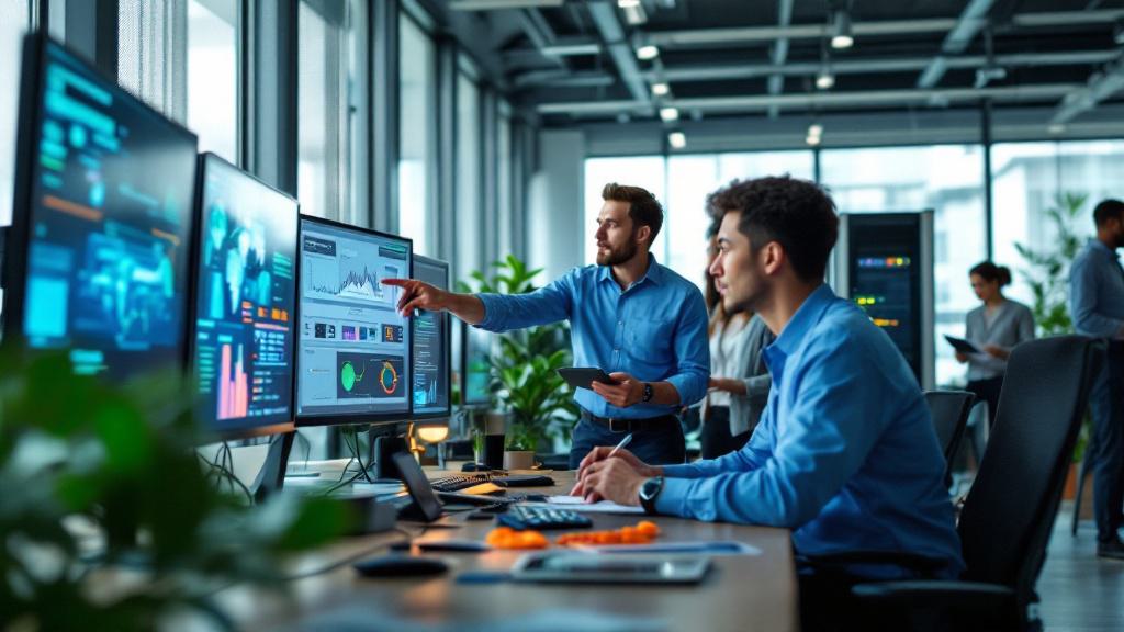 Two men in a modern office analyze data charts on multiple large computer monitors, while colleagues work in the background.