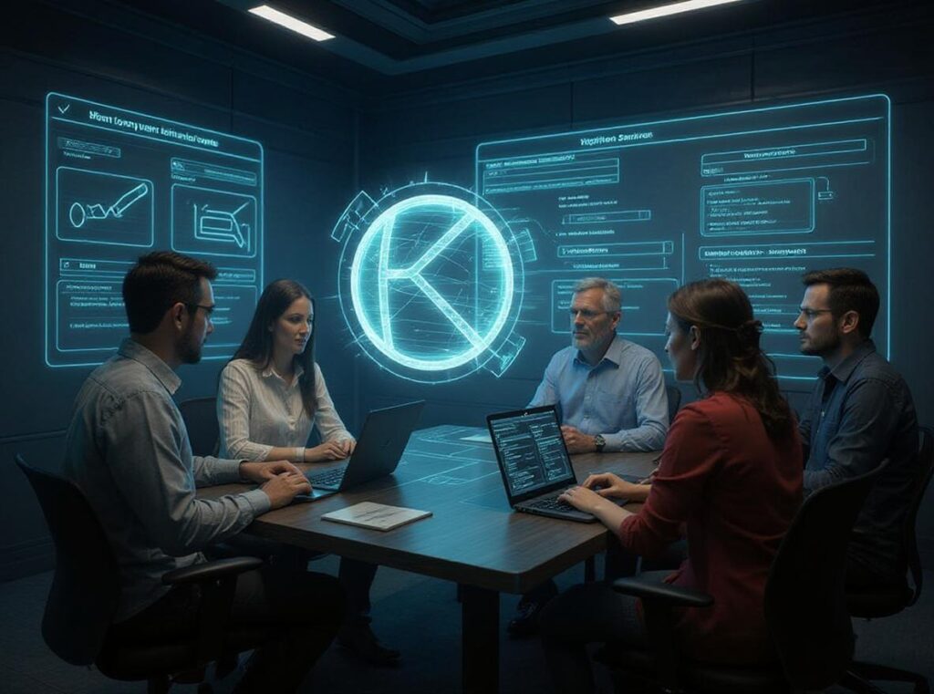 Five people sit around a table with laptops, discussing data on large, futuristic holographic screens—illustrating the power of managed IT support in Shanghai for today’s cutting-edge businesses.