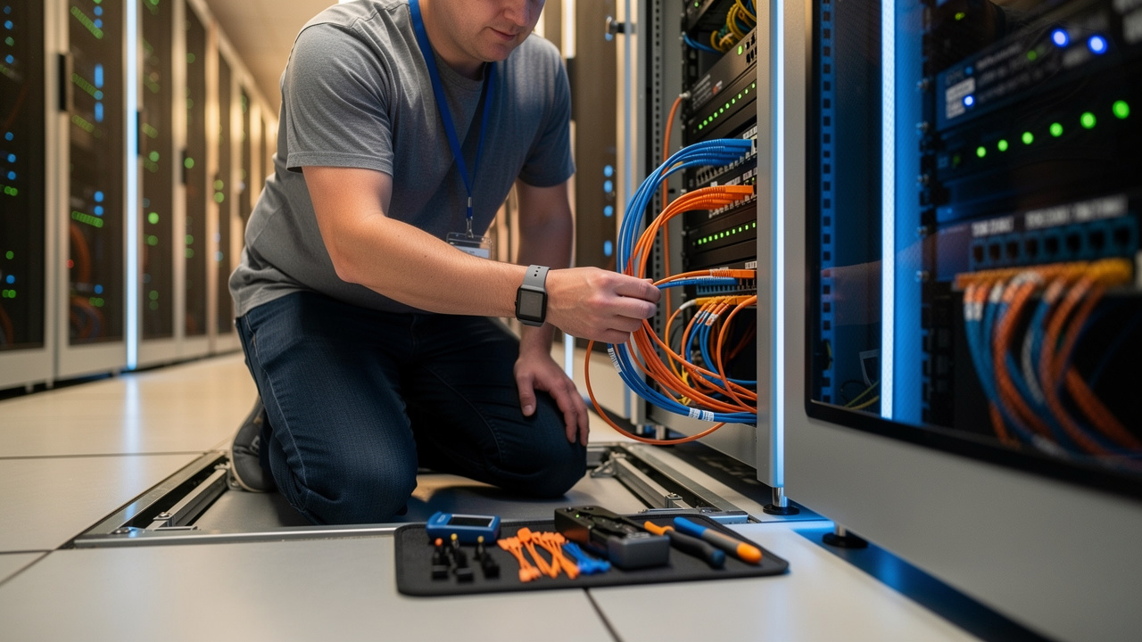Network engineer setting up IT infrastructure cabling in China