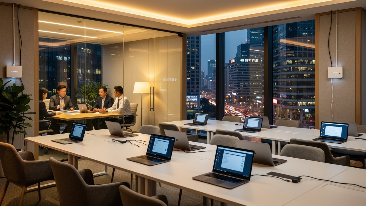 A modern office with empty desks and laptops in the foreground, and four people having a meeting in a glass-walled room at dusk with city buildings visible through the windows.