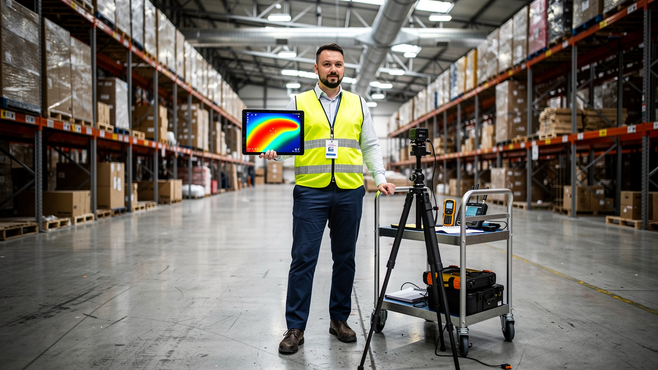 Network engineer performing Wi-Fi site survey