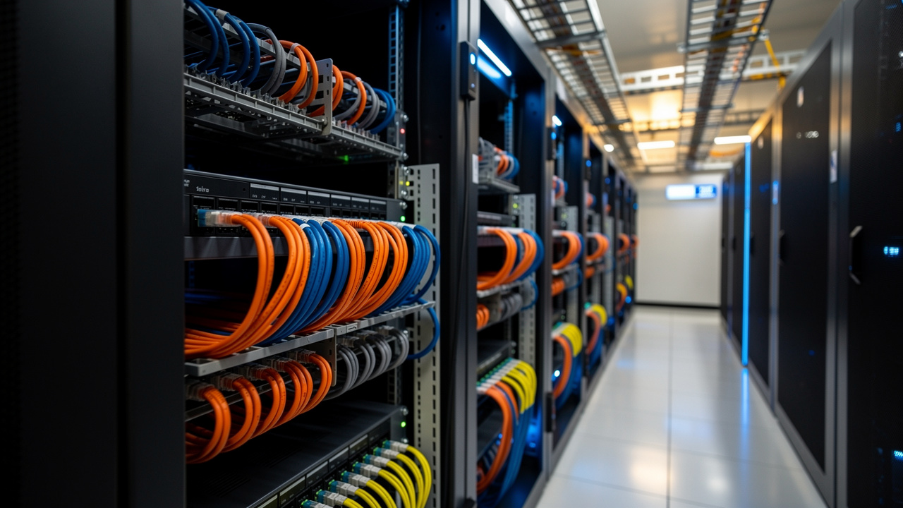 Rows of server racks with organized orange, blue, and yellow network cables in a modern data center.