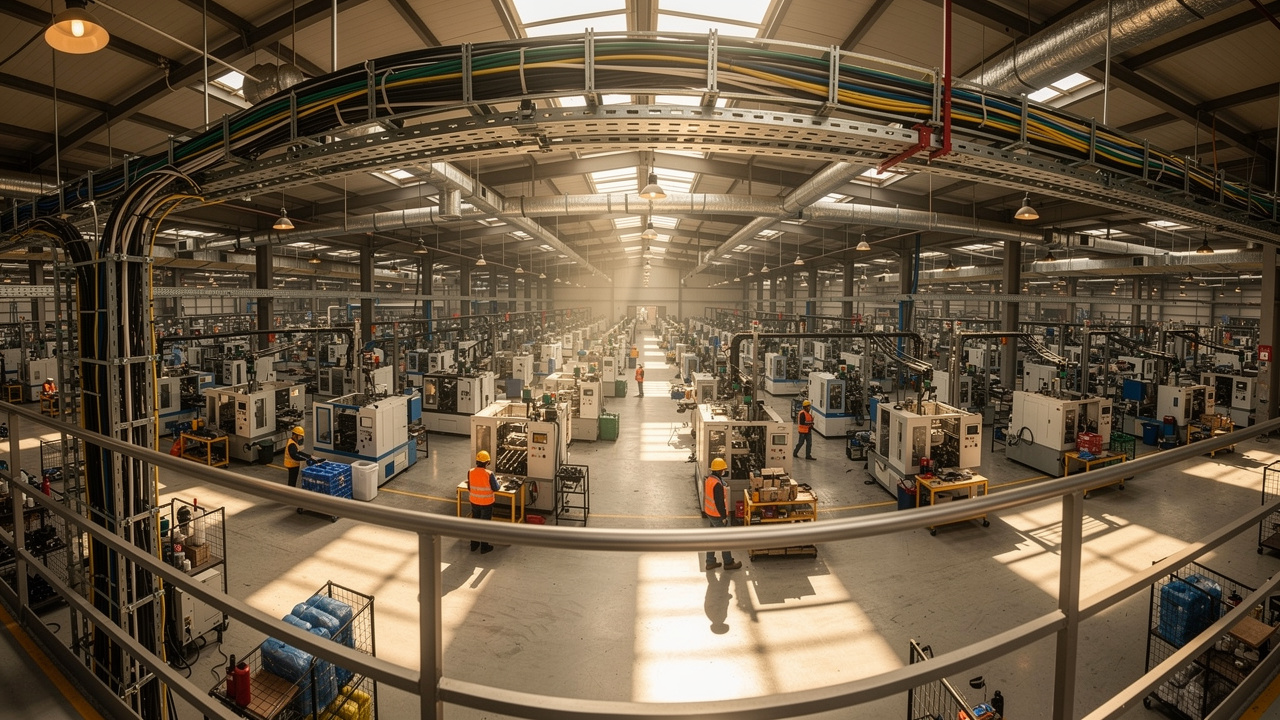 Cable management trays above a Chinese manufacturing plant floor