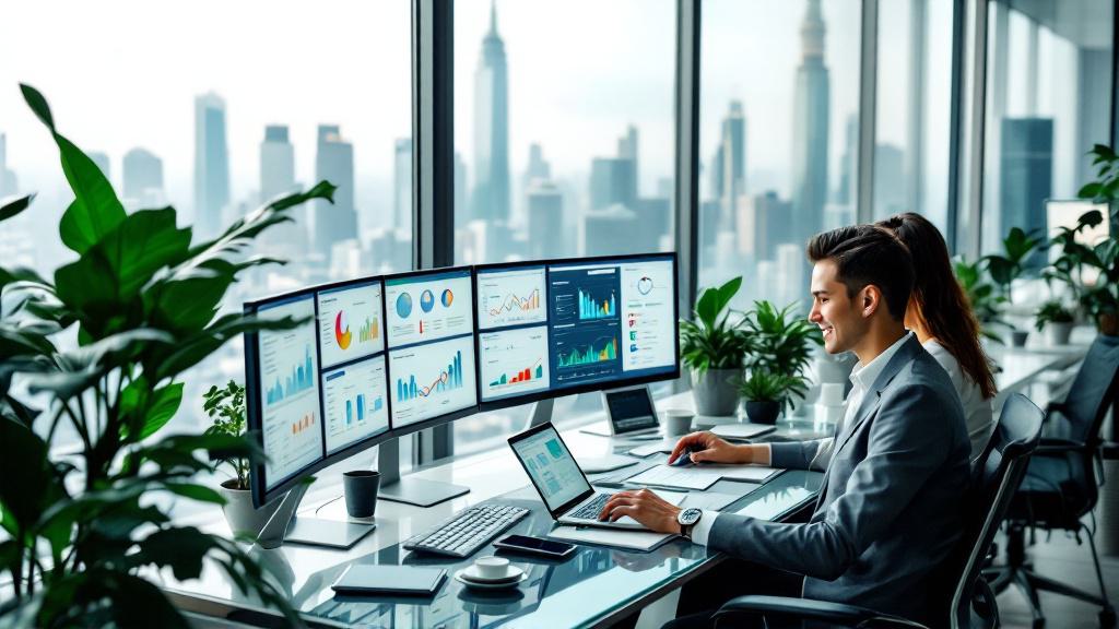 Two business professionals work at desks with multiple monitors displaying charts and graphs in a modern office with large windows overlooking a city skyline.