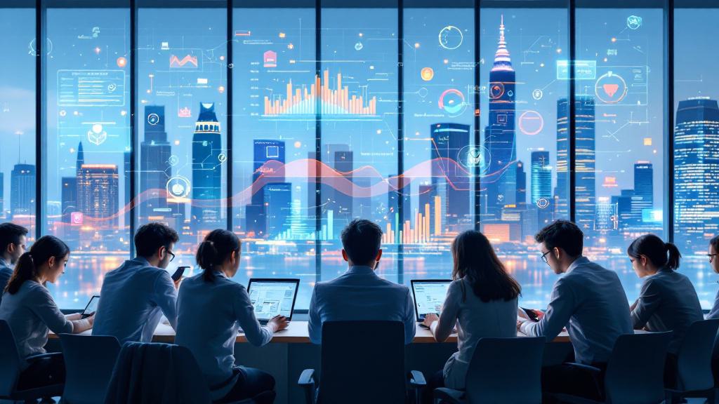 A group of people work on laptops in an office with large windows overlooking a city skyline, while digital data graphs and icons are displayed in the background.
