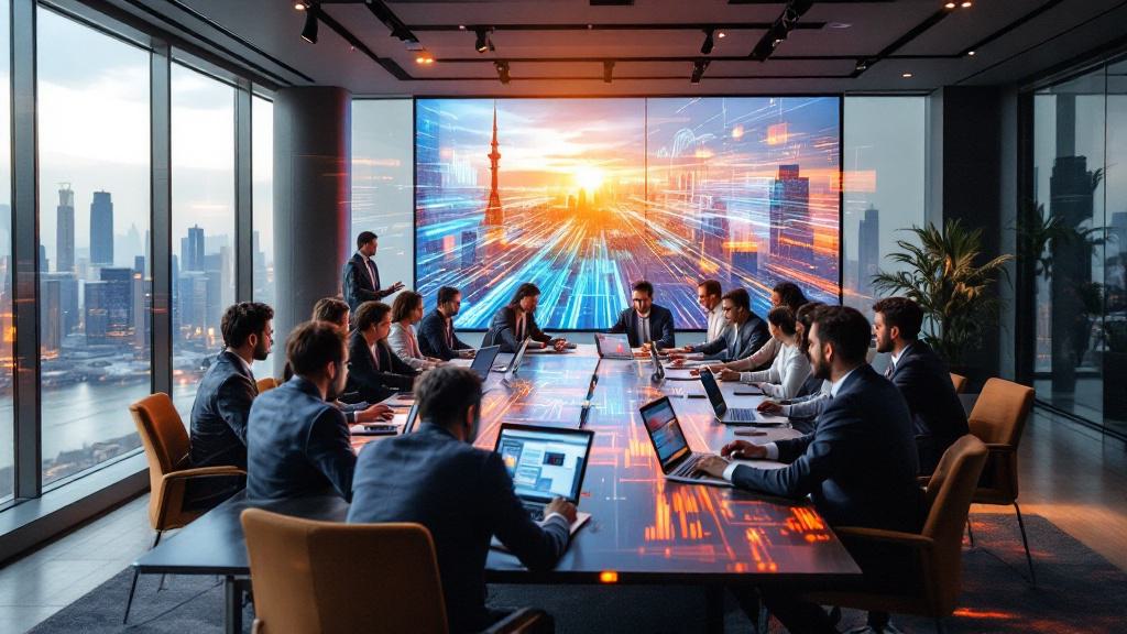 A group of people in business attire sit around a conference table with laptops, facing a large digital screen displaying a cityscape and dynamic graphics.