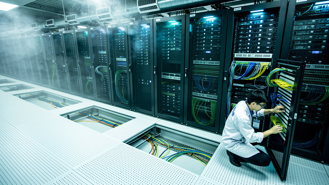 Technician setting up server infrastructure in Chinese data center