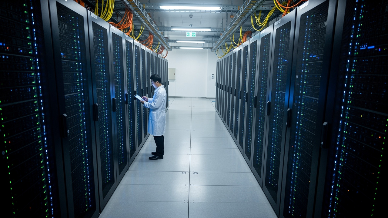 Modern China data center corridor with server racks and technician