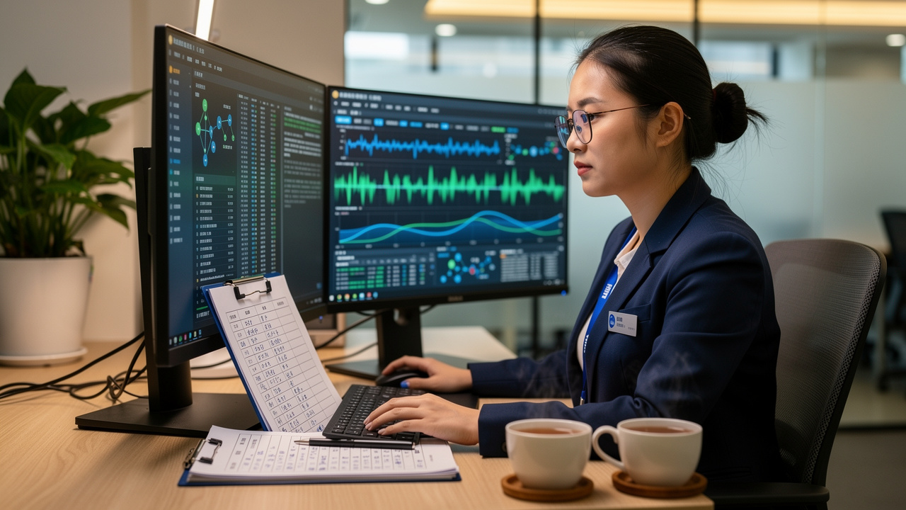 Cybersecurity analyst conducting compliance audit in China office