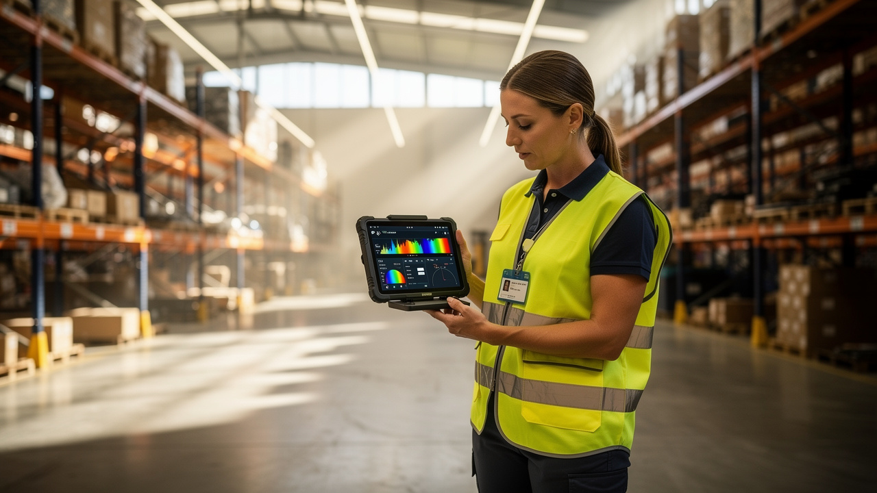 IT technician conducting Wi-Fi site survey in industrial warehouse