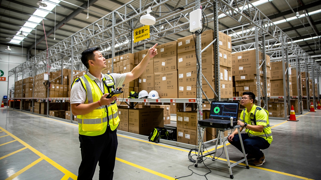IT specialists conducting Wi-Fi site survey in China warehouse