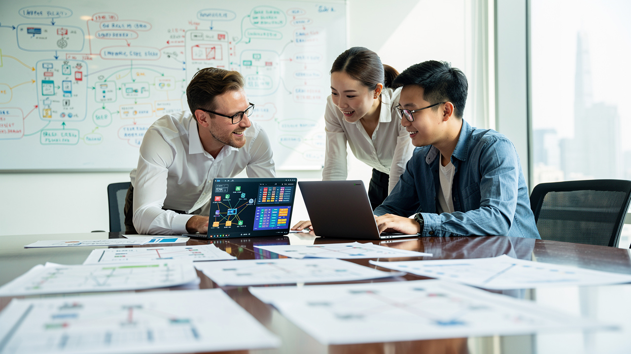 Multicultural IT team collaborating in a Shanghai meeting room