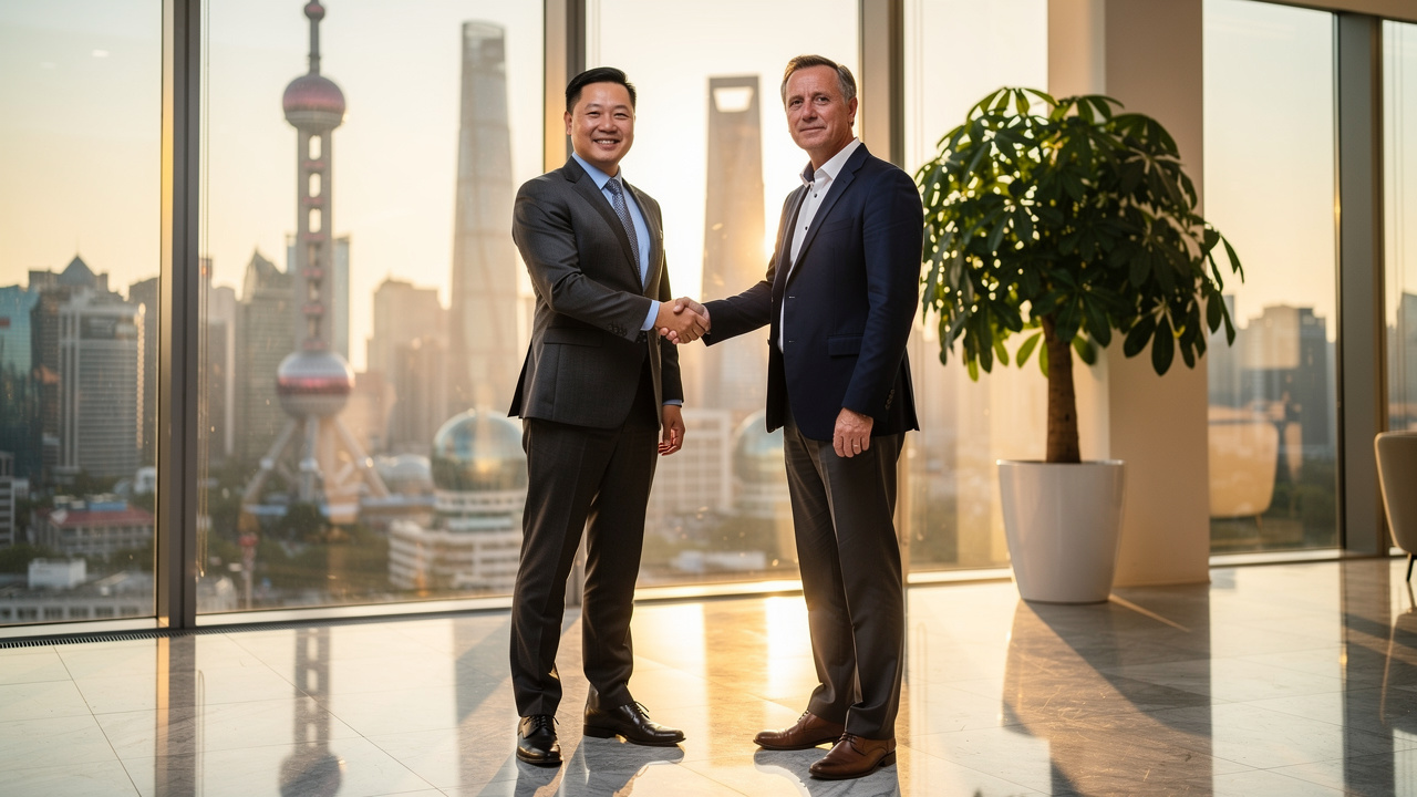 International business partnership handshake in Shanghai office