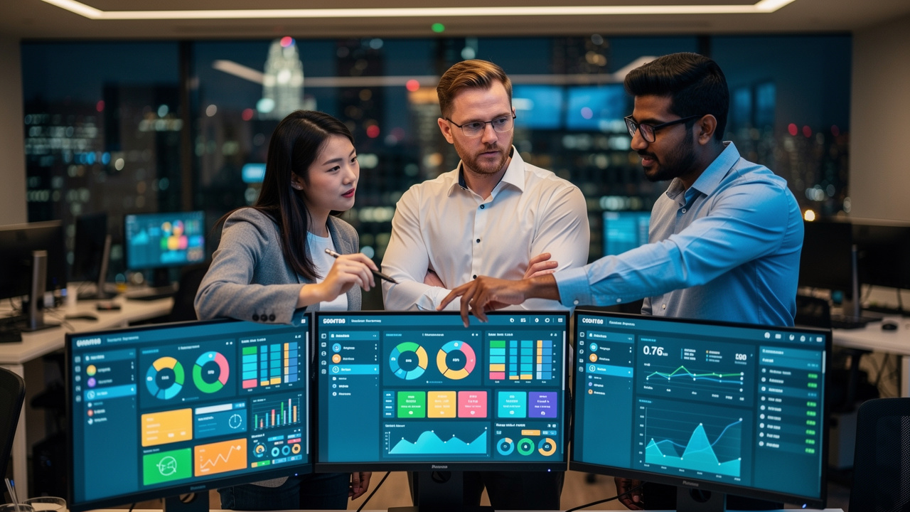 Multicultural IT team monitoring China server infrastructure