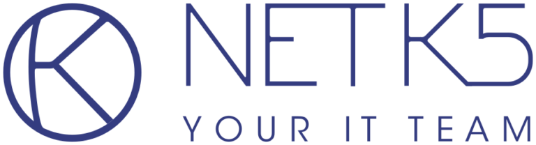 NETK5 logo featuring a circular design with a stylized 'K' on the left and the text "NETK5 YOUR IT TEAM" in blue capital letters on the right.