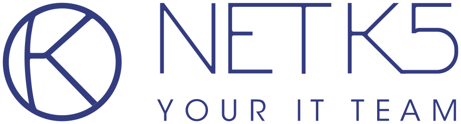 NETK5 logo featuring a circular design with a stylized 'K' on the left and the text "NETK5 YOUR IT TEAM" in blue capital letters on the right.