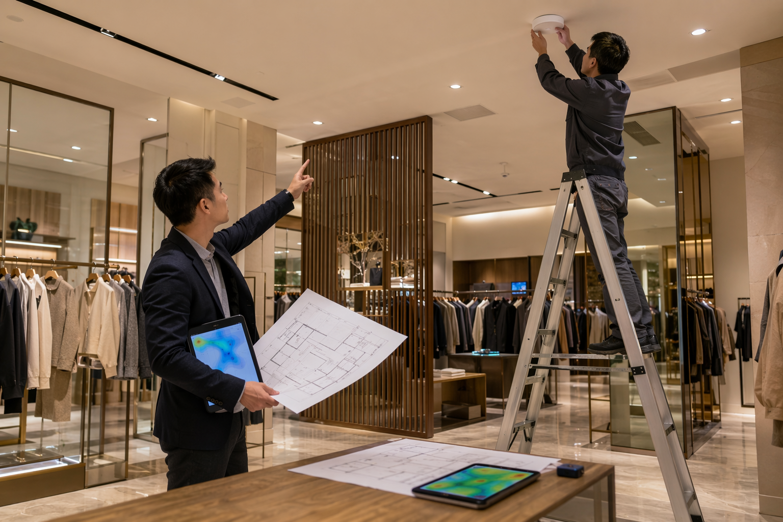 Engineer reviewing retail floor plan near ceiling-mounted access point