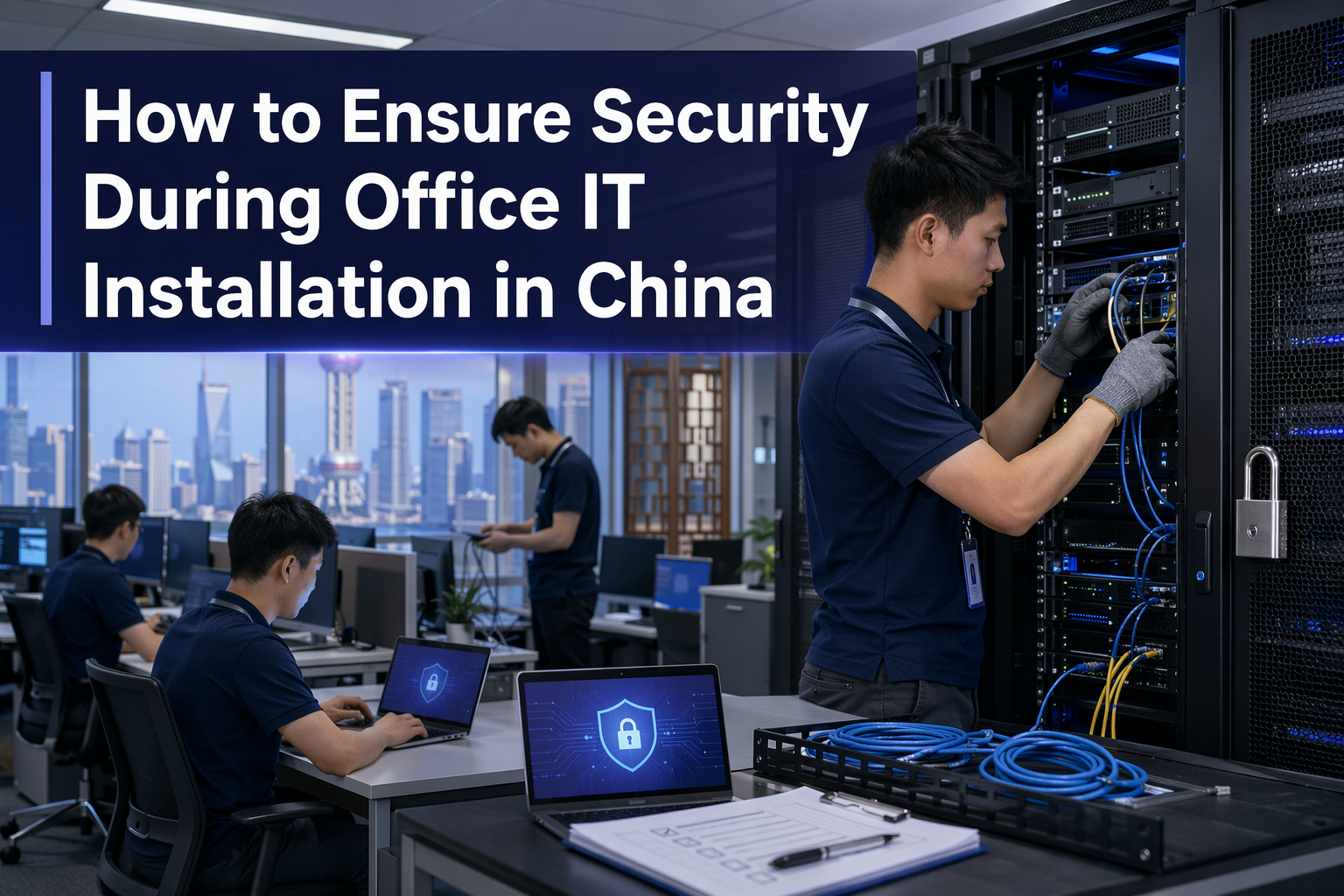 Two IT professionals work on computers and servers in a modern office. A laptop displaying a security icon sits on a table. Text reads: How to Ensure Security During Office IT Installation in China.