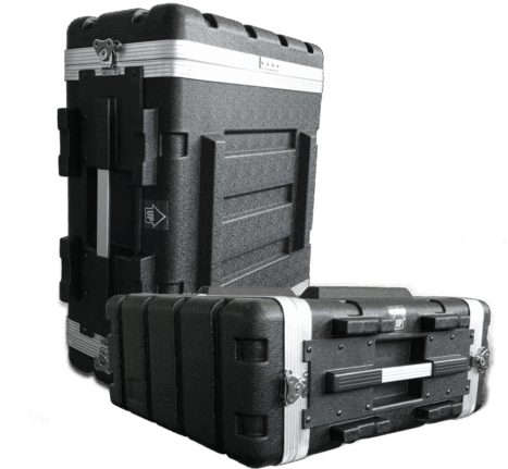 Two black hard plastic equipment cases with metal-reinforced edges, latches, and handles, one standing upright and the other lying flat against a black background.