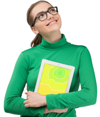 Person in green turtleneck and glasses holding a tablet with a yellow and green abstract screen, looking up and smiling.