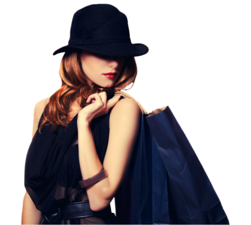 Woman wearing a black hat and dress holds several blue shopping bags over her shoulder, looking to the side with red lipstick and wavy hair.