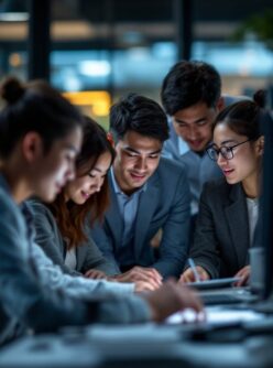 Five people in business attire collaborate on documents at a desk in a modern, well-lit office environment.