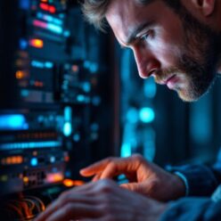 A man closely inspects and adjusts cables on a rack of computer servers in a dimly lit room.