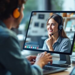 A man and a woman wearing headsets communicate through a video call on a computer, with the woman’s image visible on the monitor.