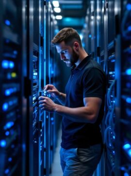 A man in a black polo shirt works on server equipment in a dimly lit data center with blue lights.