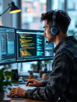 A person wearing headphones works at a desk with multiple monitors displaying code and software development tools in a modern office setting.