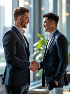 Two businessmen in suits shake hands and smile at each other in a modern office setting with large windows and indoor plants.